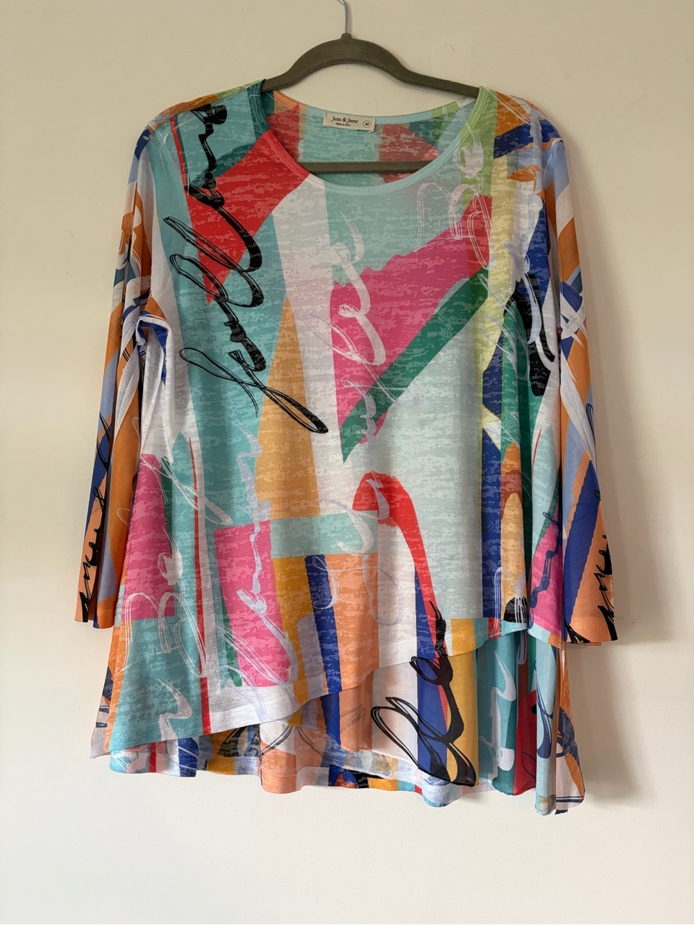 Jess & Jane women’s blouse top mixed media artsy art to wear geometric unique